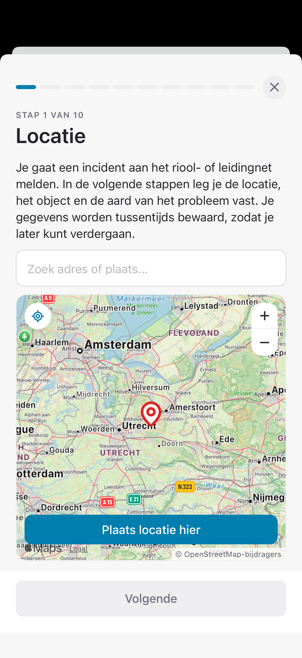 De locatie-stap van de Report-It meld-wizard, met kaart en adreszoeker